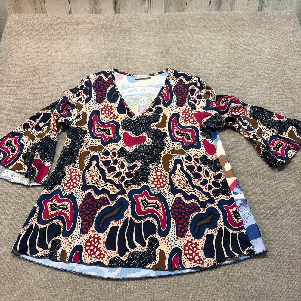 Tina Stephens Made in Italy “Peace is Always Beautiful” Boho Print Top 1755